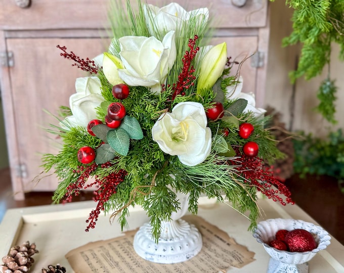 Christmas Amaryllis Floral Arrangement, Winter Tabletop Centerpiece