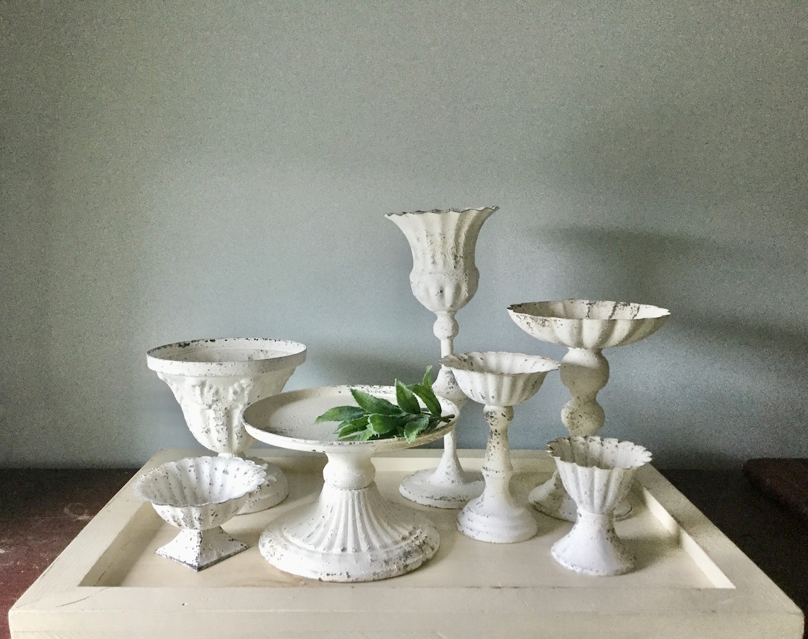 White Pedestal Candle Holder White Metal Vase Pillar Etsy