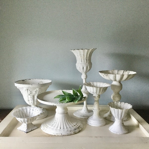 White Pedestal Candle Holder, White Metal Vase, Pillar Holders, Farmhouse Home Decor, Urn, Plant Stand