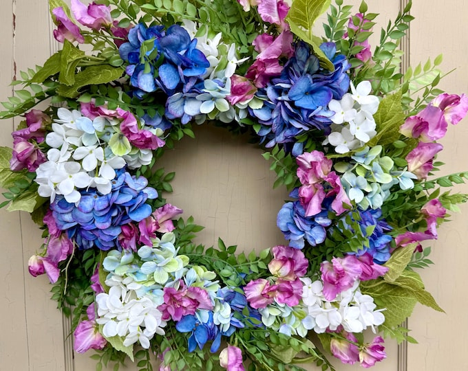 Spring Hydrangea Wreath – Blue, Purple & White Floral Door Wreath – Front Door Decor – Summer Garden Wreath – Farmhouse Cottage Style