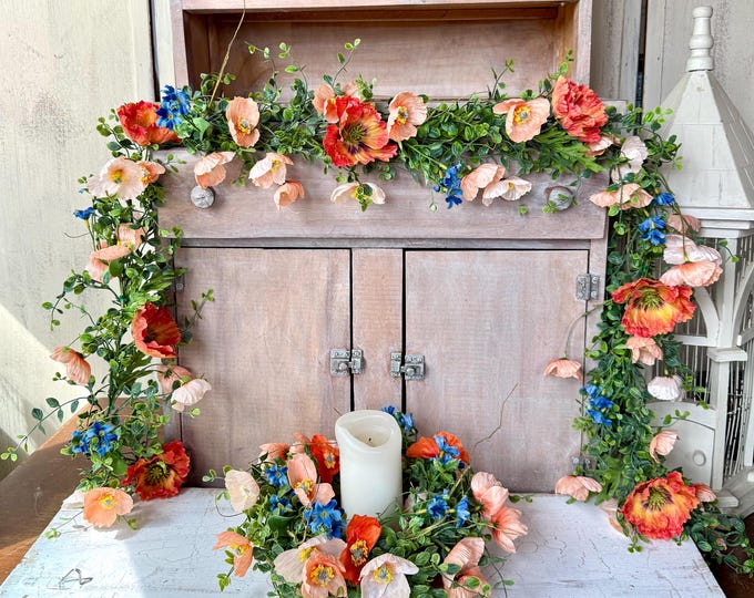 Peach Poppy Garland with Wreath Set, Mothers Day Gift Set, Floral Table Centerpiece, Farmhouse Summer Decor, Wildflower Arrangement