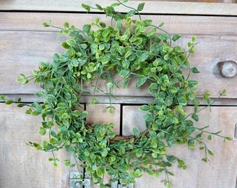 Spring Greenery Candle Wreath, Everyday Greenery Candle Wreath, Mini Centerpiece Wreath, Kitchen Cabinet Wreath 12-13” diameter