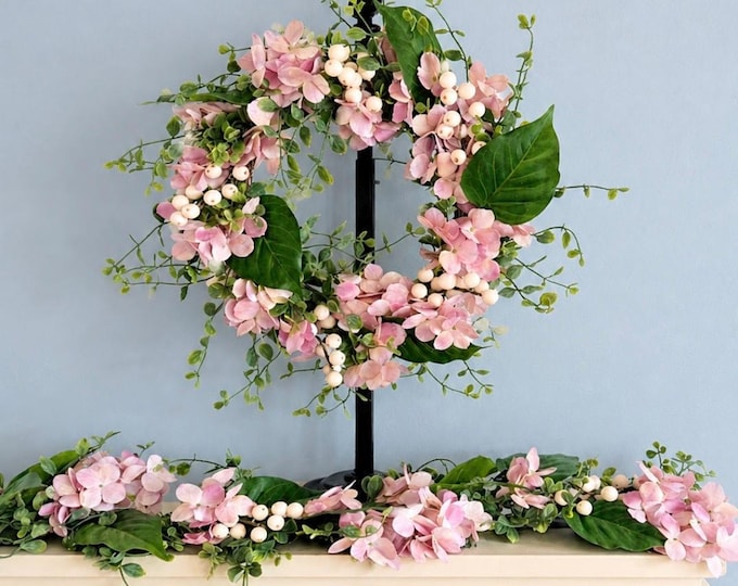 Mothers Day Gift Set, Pink Hydrangea Wreath and Garland, Farmhouse Kitchen Window Decor, Spring Window Wreath