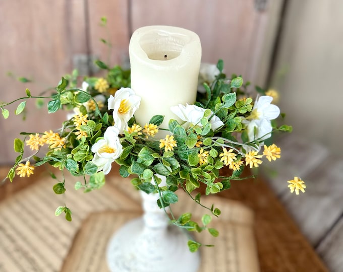 White Flower Candle Wreath, Yellow White Table Wreath, Kitchen Cabinets, Yellow Berry Wreath,