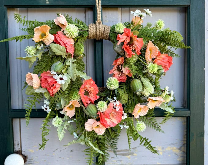 Poppy Wreath for Front Door, Summer Wreaths, Wildflower Wreath, Orange Poppy Wreath, Peach Poppy Flower Wreath, Spring Front Door Wreath