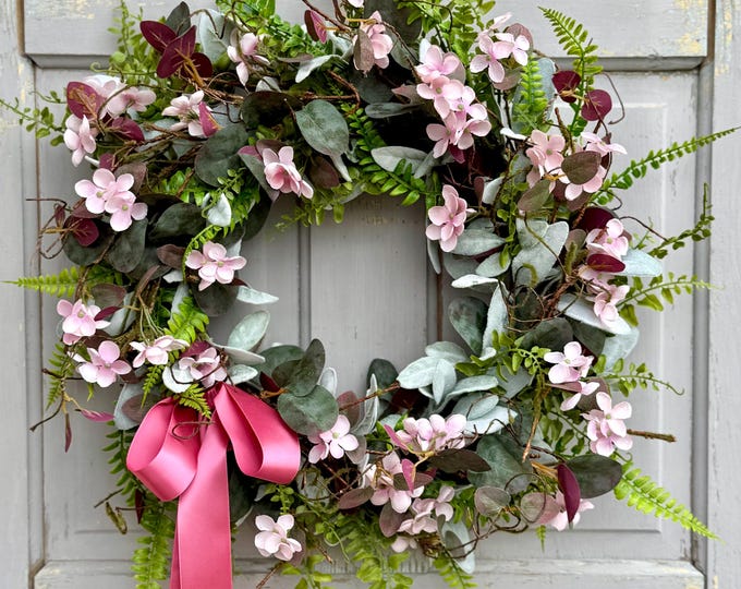 Pink Eucalyptus Wreath, Purple Summer Wreath, Pink Summer Wreath, Rustic Vine Decor,  wedding wreath