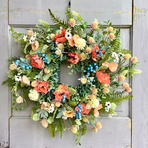22" Summer Wreath for Front Door, Floral Wreath, Blueberry Wreath, Farmhouse Decor, Pink Wildflower Wreath