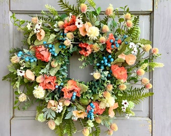 22" Summer Wreath for Front Door, Floral Wreath, Blueberry Wreath, Farmhouse Decor, Pink Wildflower Wreath