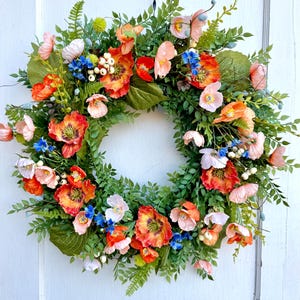 Peach Poppy Wreath for Front Door, Summer Garden Wreath, Outdoor Floral Wreath, Farmhouse Porch Decor, Everyday Wreath,