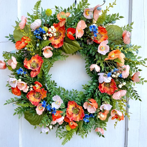 Peach Poppy Wreath for Front Door, Summer Garden Wreath, Outdoor Floral Wreath, Farmhouse Porch Decor, Everyday Wreath,