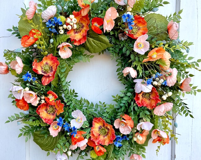 Peach Poppy Wreath, Garden Floral Outdoor Decor, Spring Summer Door Hanger