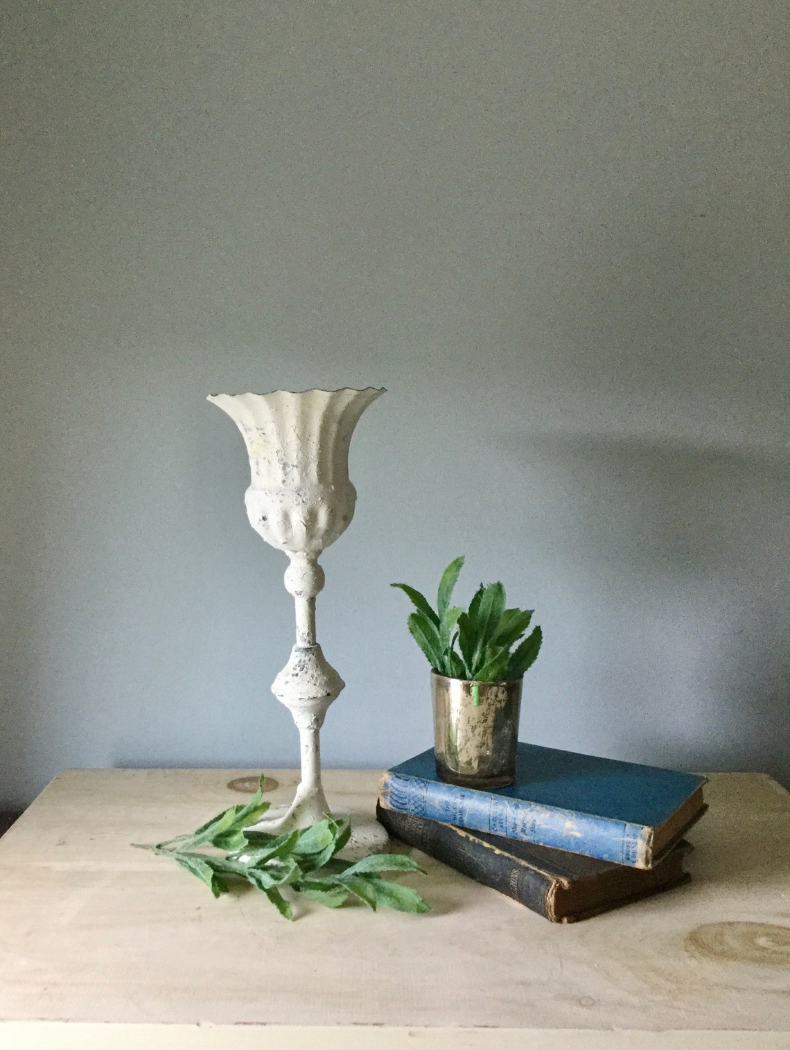 White Pedestal Candle Holder White Metal Vase Pillar Etsy