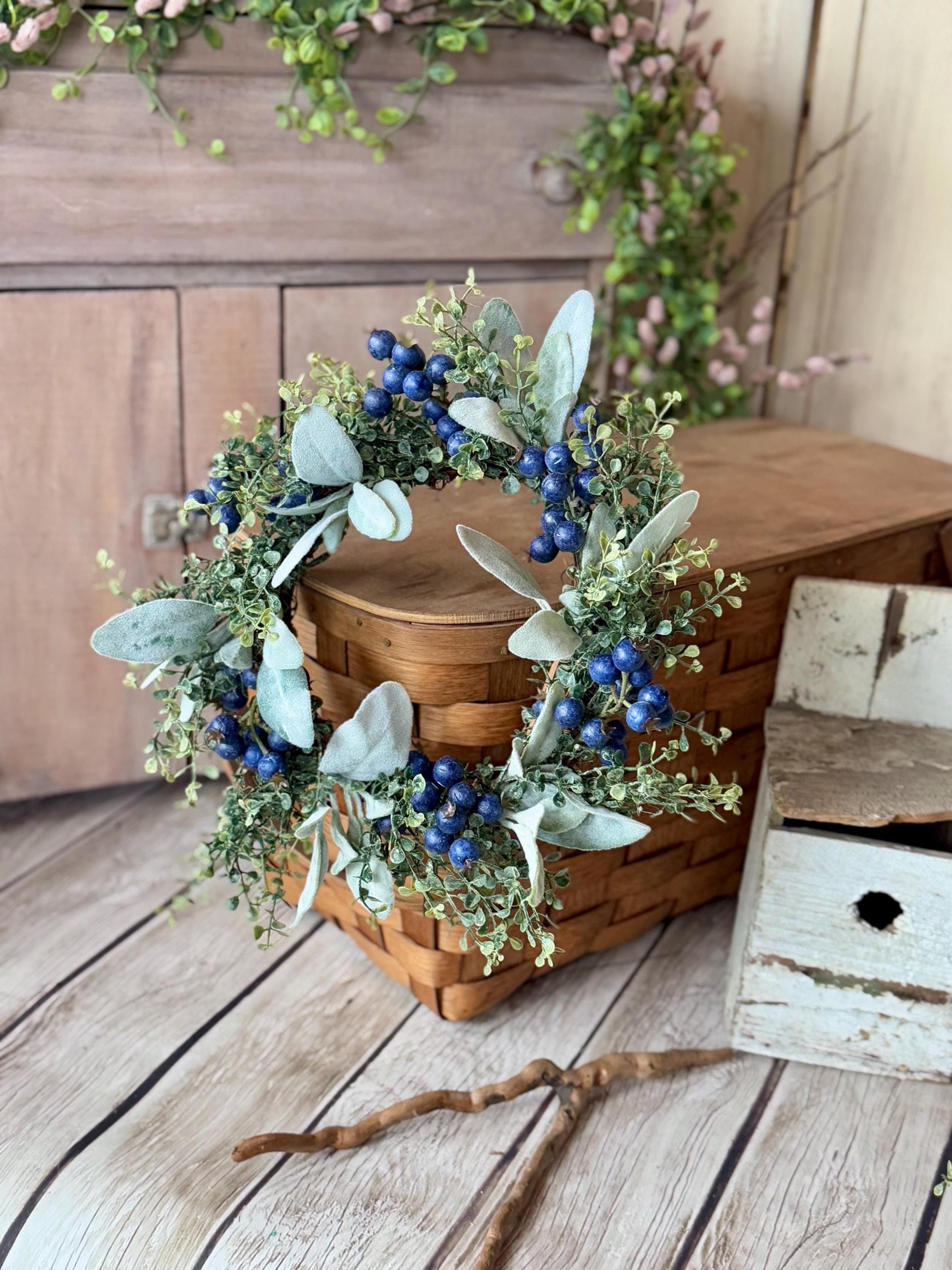 Blueberry Candle Wreath, Mini Kitchen Wreath, Summer Decor, Country Farmhouse, Spring Candle Ring, Blue Wedding Decorations - TLGB