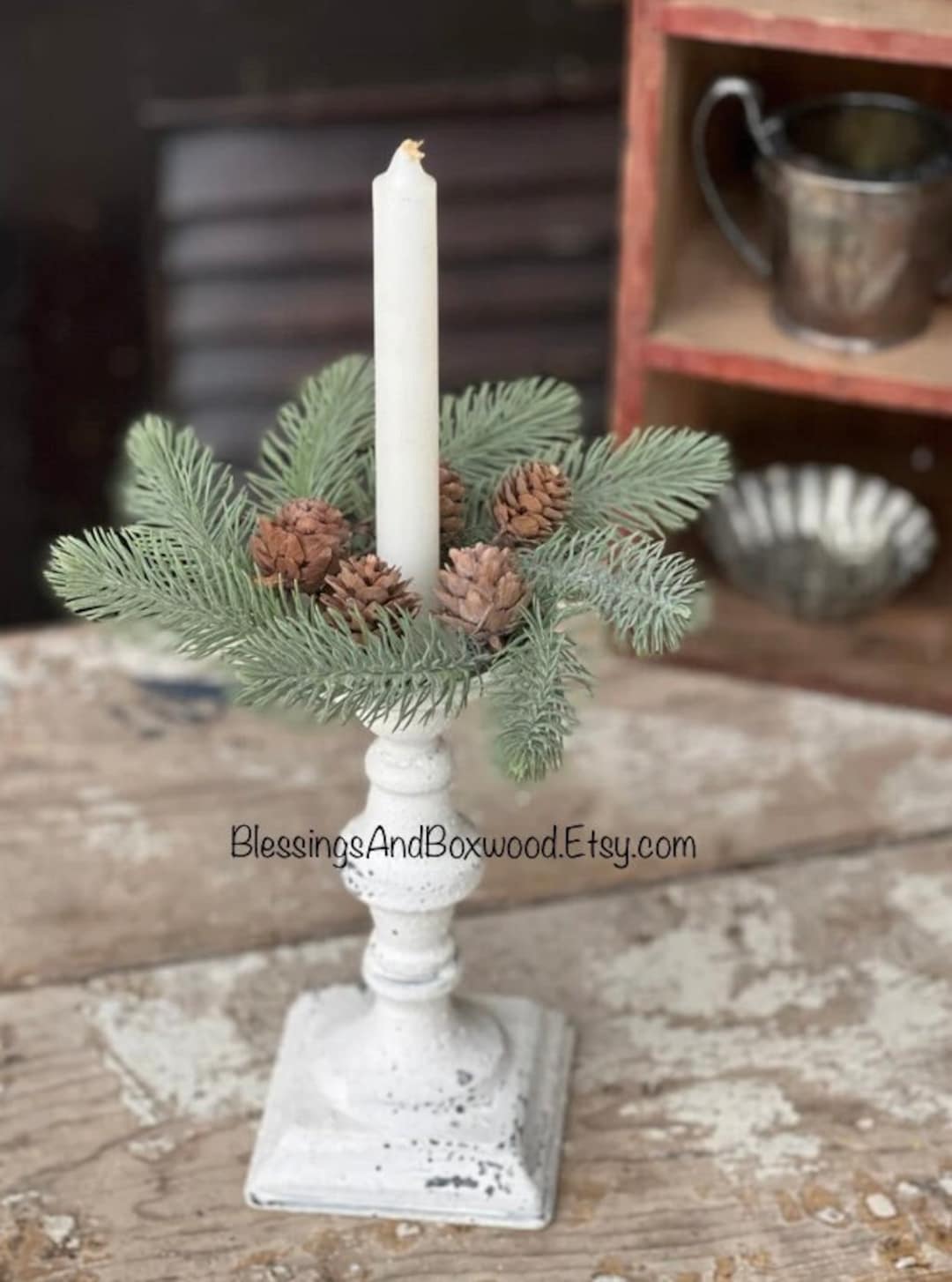 Set of XS Pine Taper Candle Wreaths, Pine Christmas Candle Wreath