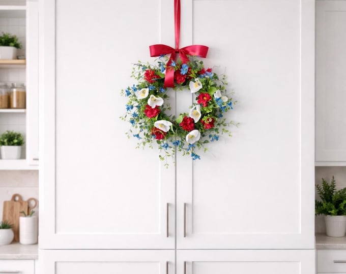 Red White Blue Flower Candle Wreath, Patriotic Decor, Kitchen Cabinet Decor, 4th of July Decorations, Independence Day Wreath, Forth of July
