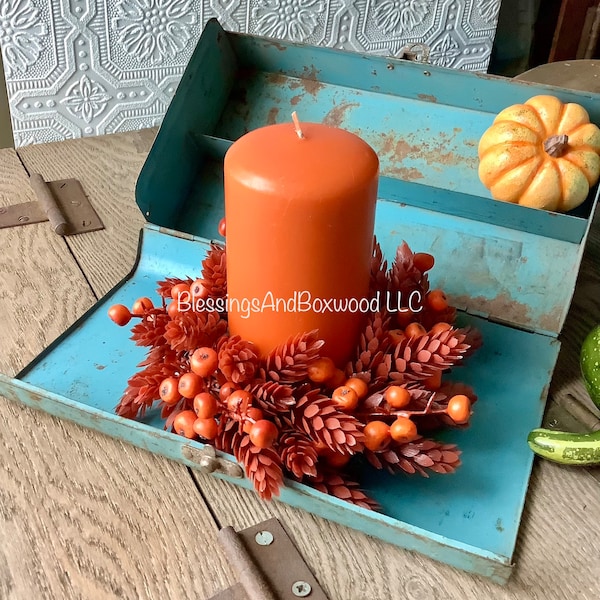 Fall Candle Wreath, Fall Berry Wreath, Autumn Candle Ring, Faux Wheat Decor, Harvest Decor, Thanksgiving Table Accent, Kitchen Cabinets,