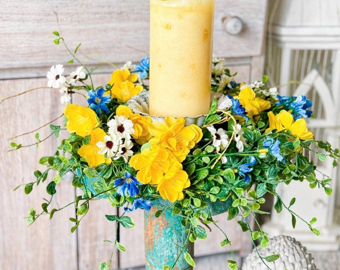 Summer Flower Candle Wreath, Summer Table Centerpiece Wreath, Yellow Blue Kitchen Cabinets, Summer Wreath, Nursing Home Decor