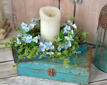 Blue Hydrangea Candle Wreath, Window Wreath, Kitchen Cabinets Wreath, Blue Hydrangea Decor,  Spring Wreath Ring, Summer Candle Wreath