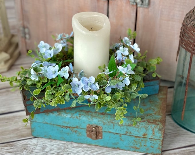 Blue Hydrangea Candle Wreath, Window Wreath, Kitchen Cabinets Wreath, Blue Hydrangea Decor,  Spring Wreath Ring, Summer Candle Wreath
