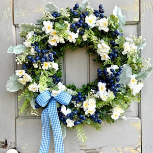 Summer Wreath for a Front Door, Blueberry Wreath, Porch Wreath, Farmhouse Decorations, Wildflower Wedding Decor, Blue and White Decor