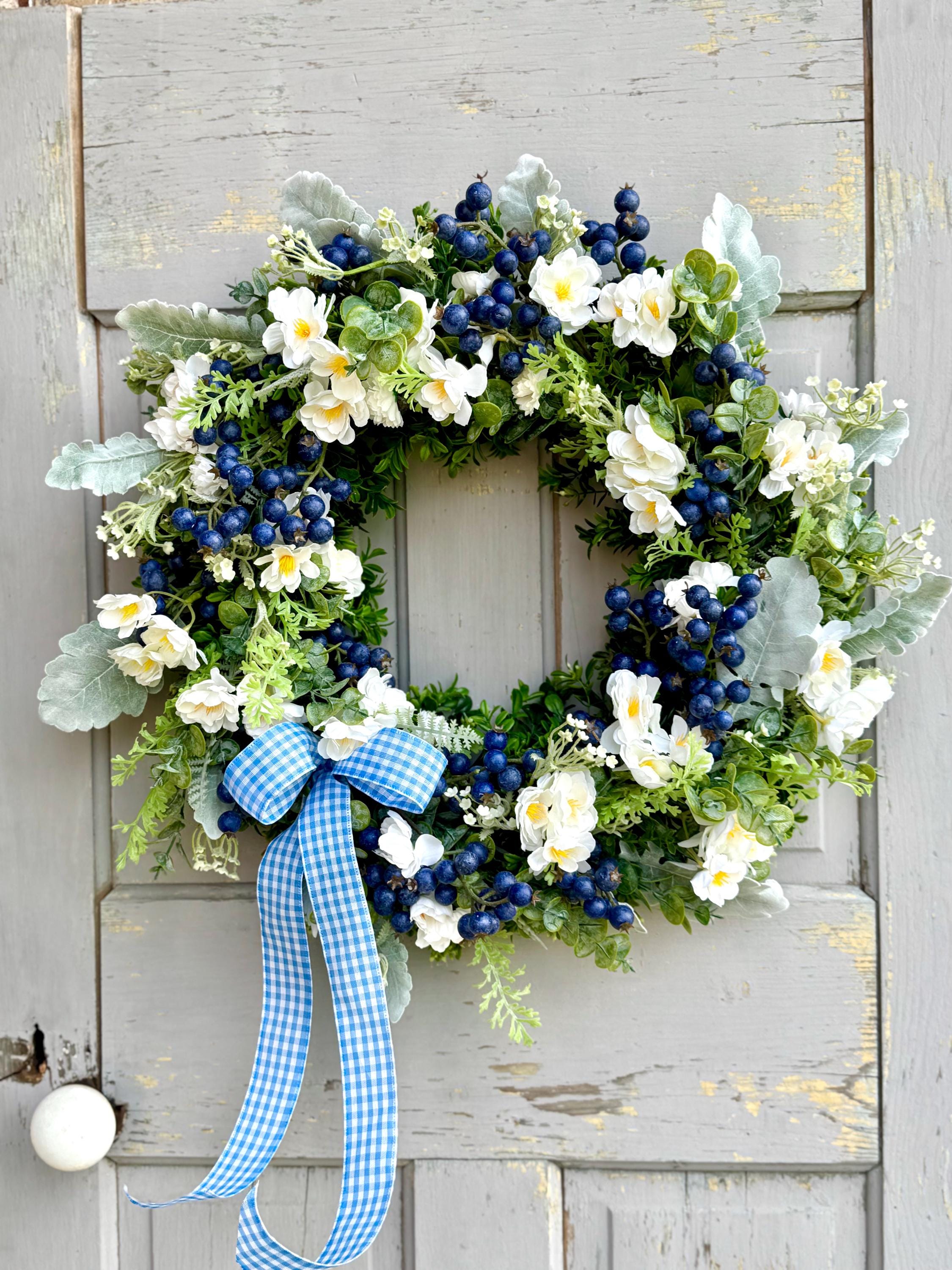 Summer Wreath for a Front Door, Blueberry Wreath, Porch Wreath, Farmhouse Decorations, Wildflower Wedding Decor, Blue and White Decor