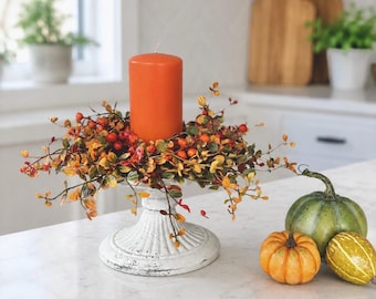 Fall Candle Wreath Ring, Thanksgiving Centerpiece, Autumn Table Decor, Kitchen Centerpiece, Farmhouse Fall Decor, Berry Candle Ring