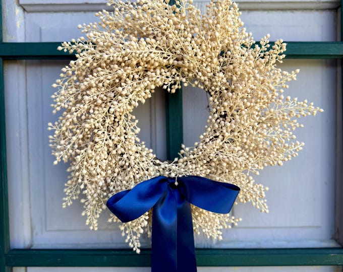 Cream Berry Wreath, Navy Wreath, Window Wreath, Neutral Decor,