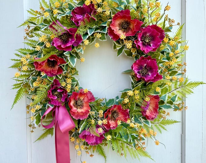 20" Summer Wreath for Front Door, Pink Poppy Wreath, Wreath with Poppies, Orange Poppy Wreath, Pink Wildflower Wreath,