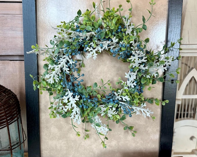 Blueberry Wreath, Spring Summer Decor, Spring Candle Ring, Blue Kitchen Decor, Apartment Door Wreath, Nursing Home Wreath