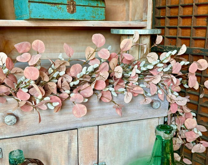 Pink Pussy Willow Garland, Pink Eucalyptus Garland for Mantle, Valentines Day Garland, Mothers Day Decor, Easter Garland