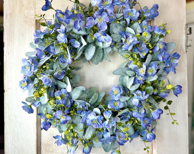 Spring Front Door Wreath, Blue Voilet Wreath, Farmhouse Window Wreath, Kitchen Cabinets Wreath,