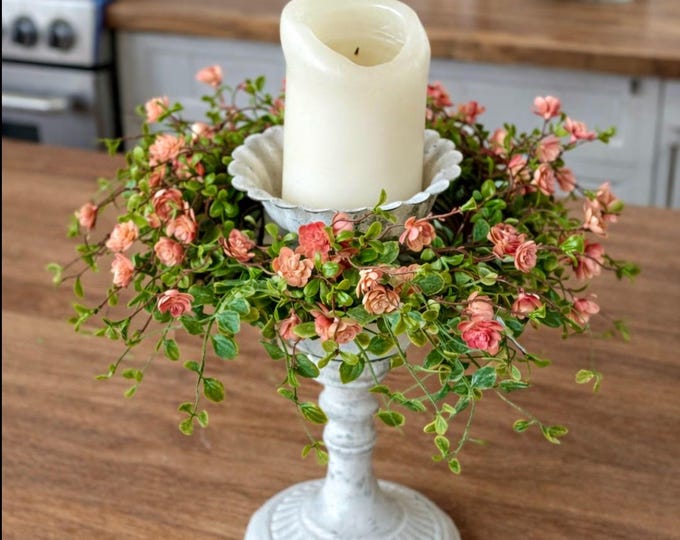 Pink Floral Candle Ring, Farmhouse Kitchen Decor,  Pillar Candle Wreath, Table Centerpiece, Mothers Day Gift,