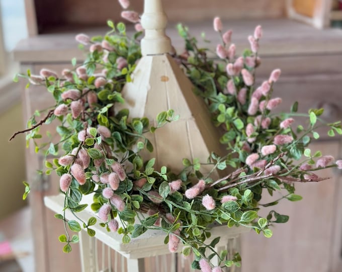 Pussy Willow Wreath, Mothers Day Gift, Pink Spring Wreath, Kitchen Cabinet Wreath, Table Centerpiece Decor, Floral Candle Wreath