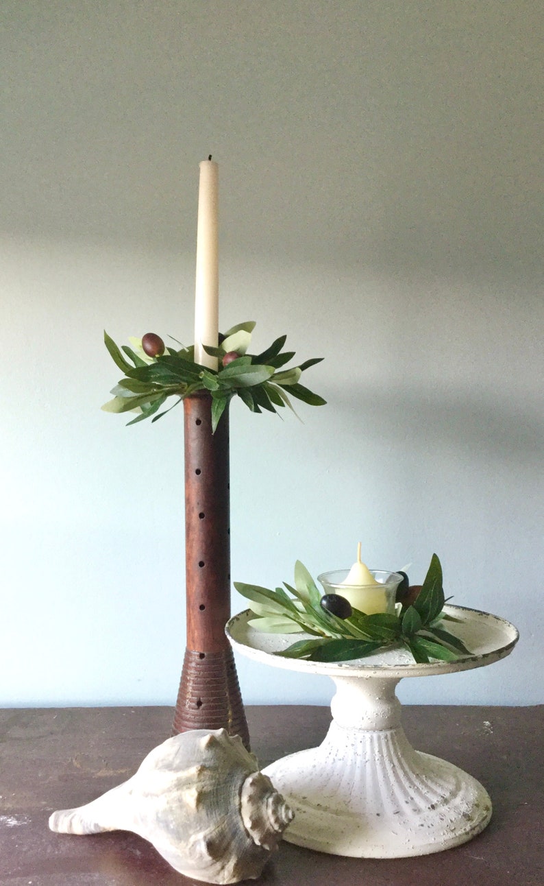 2 Pc Olive Leaf Taper Candle Wreath Taper Candle Ring Wreath Etsy