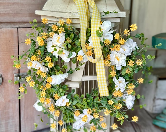 White Flower Candle Wreath, Yellow White Table Wreath, Kitchen Cabinets, Yellow Berry Wreath,