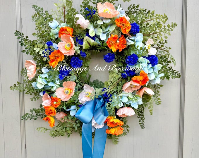 NEW! Blue Spring Wreath, Easter Wreath, Summer Wreath for Front Door, Blue Door Wreath, Poppy Wreath, Mothers Day Wreath