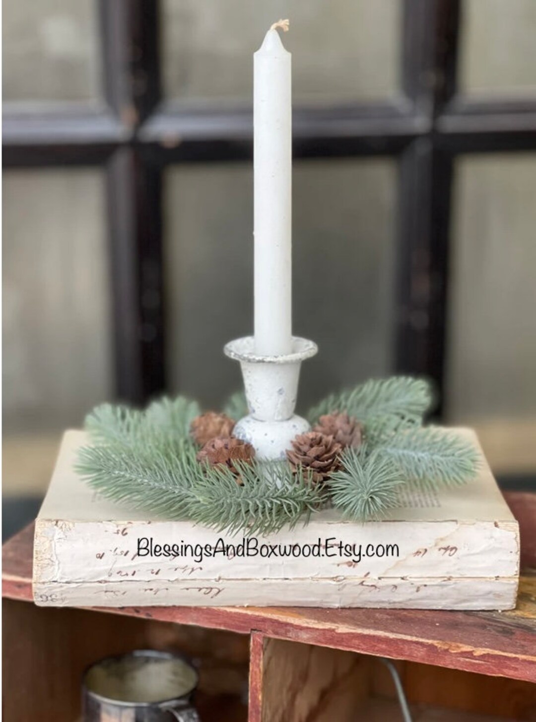 Set of XS Pine Taper Candle Wreaths, Pine Christmas Candle Wreath