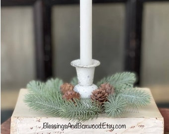 Set of XS Pine Taper Candle Wreaths, Pine Christmas Candle Wreath, Vintage Style Christmas, Juniper Pine Wreath