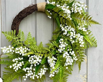 Mothers Day Lily of the Valley Flower Wreath, Vintage Floral Farmhouse Wreath for Door, White Wreath, Mothers Favorite Flower