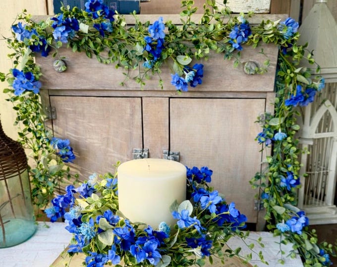 Blue Hydrangea Wreath and Garland Set: Farmhouse Kitchen Decor, Summer Floral Centerpiece, Spring Table Decor