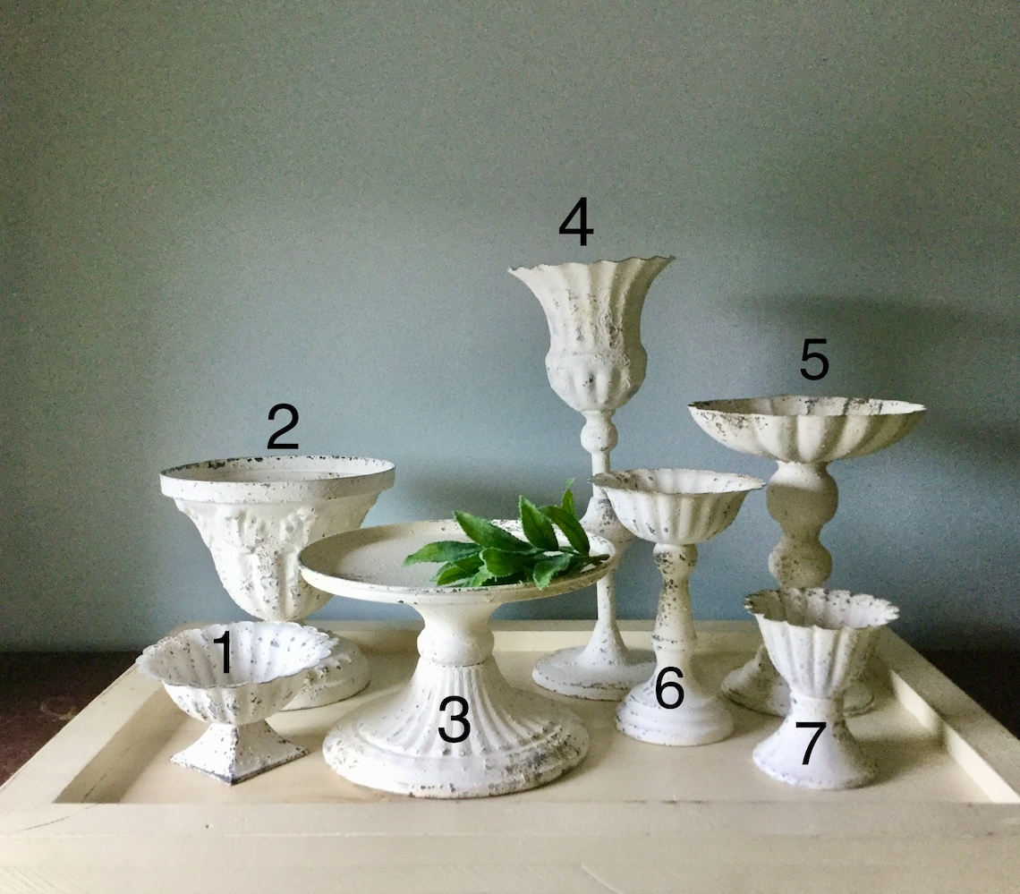 White Pedestal Candle Holder White Metal Vase Pillar Etsy