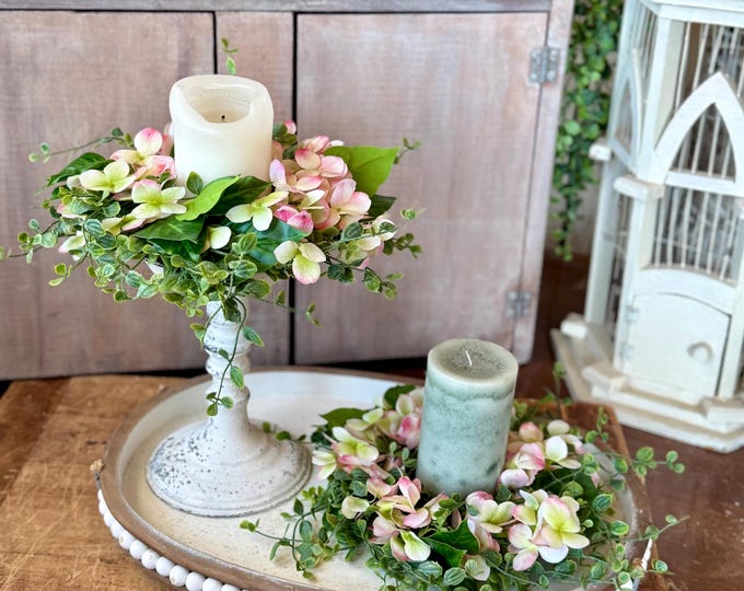 Pink Hydrangea Candle Wreath, Valentines Day, Mothers Day Wreath, Kitchen Cabinets Wreath, Spring Wreath Ring, Summer Candle Wreath