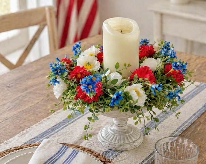 Candle Ring Centerpiece, Americana Floral Centerpiece, 4th of July Decor, Kitchen Table Decor, Memorial Day Table Decor, Summer Decor, poppy