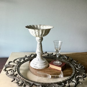 White Metal Candle Holder, Pedestal Candle Holder, French Farmhouse Decor