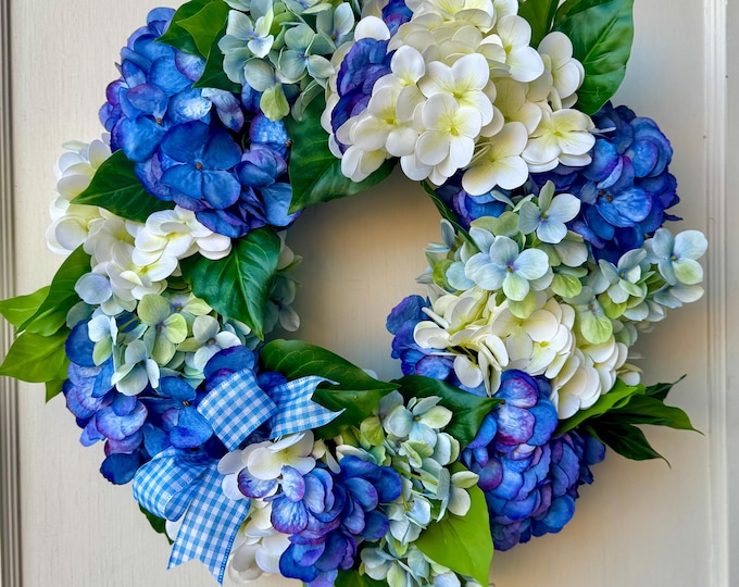 Blue Hydrangea Summer Wreath, Floral Spring Wreaths, Farmhouse Wreath, Front Door Decor, Blue Kitchen Wreath, Blue Door Wreath