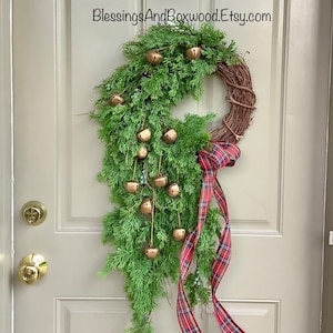 Christmas Wreath with Bells, Cascade Door Wreath, Cedar Pine Wreath for Front Door, Wreath with Jingle Bells, Blue Christmas, Gold Bells