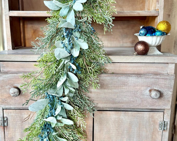 Winter Blue Juniper Garland, Cedar Garland, Blue Winter Garland, Christmas Cedar Garland, Fireplace Mantle Decor, Blue Christmas