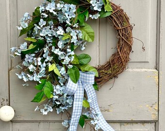 Blue Door Wreath, Blue Hydrangeas Summer Wreath, Wreath for Front Door, Mothers Day Gift, Blue House Decor, Blue Porch, Farmhouse Blue