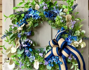 Summer Wreath, Blue Wreath, Mothers Day Gift, Wreath for Front Door, Wedding Wreath, Front Door Wreath