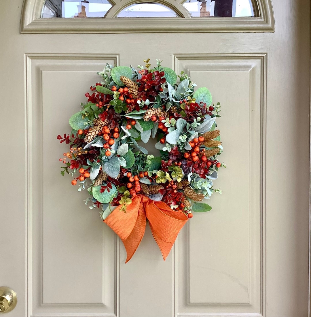 Fall Wreath for Front Door, Pumpkin Wreath, Fall Eucalyptus Wreath